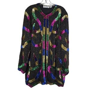 Scala Size 1X Rare Vintage Stunning Tunic Length Silk Sequins & Beads Jacket